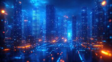 A neon-lit futuristic city at night, full of towering skyscrapers and modern architecture. photo