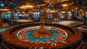 A detailed view of a roulette wheel, capturing the elegance of a casino setting. photo