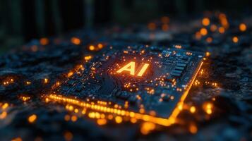 A close-up shot of a glowing AI microchip, representing artificial intelligence and technology. photo