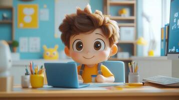 A charming cartoon boy happily working on his laptop at a desk, smiling with a friendly expression. photo