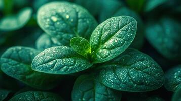 Vibrant, close-up shot capturing fresh spinach leaves with water droplets and detailed textures. photo