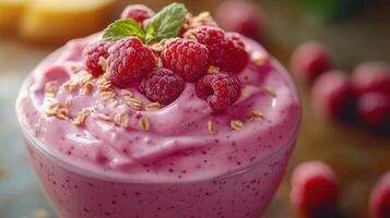 A close-up view of a vibrant and refreshing raspberry smoothie, beautifully decorated. photo