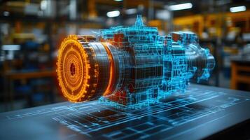 A detailed neon-outlined machinery component sits on a blueprint with a blurred factory in the background. photo