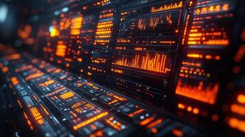 Futuristic digital control panel showing various real-time graphs and data visualizations. photo