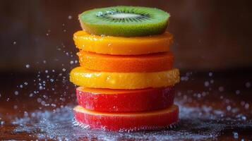 A colorful and refreshing tower of sliced fruits with water droplets, perfect for summer. photo