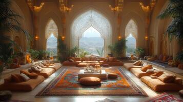 Luxurious Arabian-style interior, inviting relaxation with desert views and vibrant decor. photo