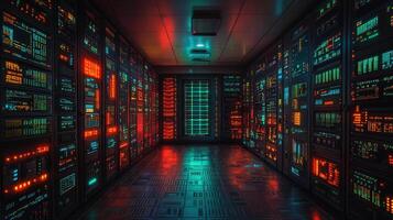 A well-lit server room featuring rows of powerful servers with glowing displays of data. photo