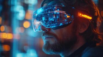 A person experiencing virtual reality through a futuristic looking vr headset, glowing with tech. photo