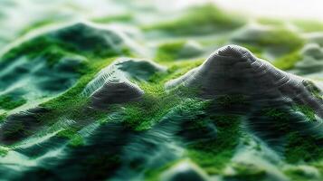 Abstract representation of layered mountains with vibrant green vegetation in a macro shot. photo