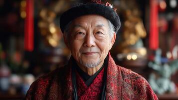A close-up portrait of a smiling, older Asian man with a calm and gentle expression on his face. photo