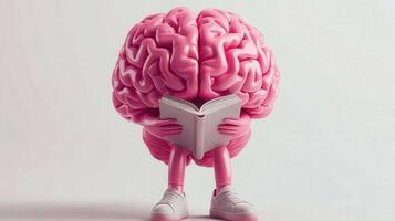 A whimsical pink brain character, reading a book and wearing sneakers, embodies learning. photo