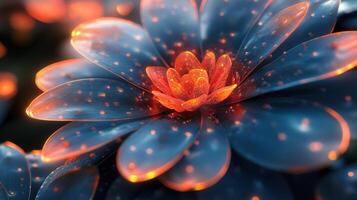 Captivating close-up of a radiant flower with blue petals and glowing orange center. photo