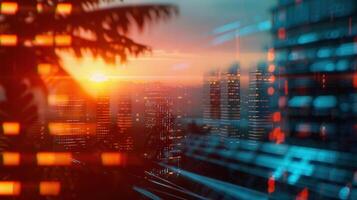 Dramatic sunset over a modern city with palm trees, blurred lights, and a captivating artistic flair. photo