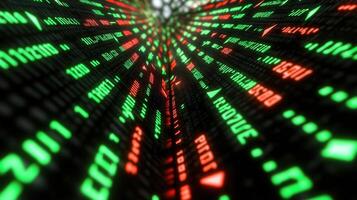 A close-up view of a digital display shows financial information with green and red colors. photo