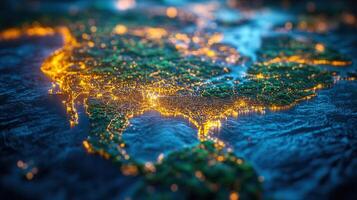 A stunning visualization of North America, illuminated with glowing city lights at night. photo