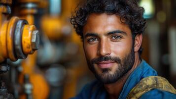 A smiling, handsome mechanic with dark curly hair is in front of an industrial machine. photo
