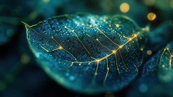 A digitally enhanced leaf presents a blend of nature and modern technological circuitry. photo