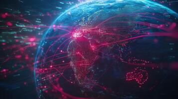 Earth with glowing lines, representing global digital networks and technological connections. photo