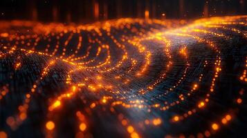 Glowing orange lights create a wave-like pattern, representing data flow and digital connections. photo