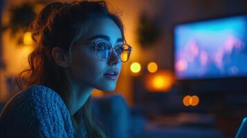 A woman with glasses gazes at a computer screen in a warmly lit, modern home setting. photo