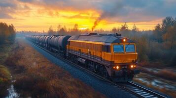 A powerful diesel train speeds across the tracks at sunset, creating a beautiful landscape. photo