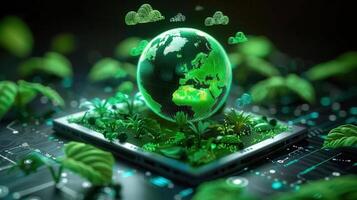 Artistic depiction of the earth transformed by technology, highlighting green innovation for sustainability. photo