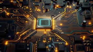 A detailed view of a computer motherboard with glowing golden circuits and a central processor. photo