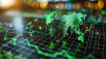 A vibrant image illustrating the global financial markets with a world map and financial data. photo