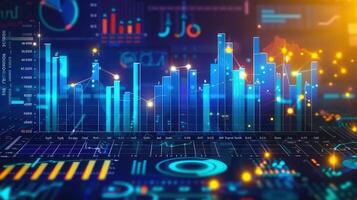 An abstract financial data visualization composed of graphs and illuminated digital charts. photo