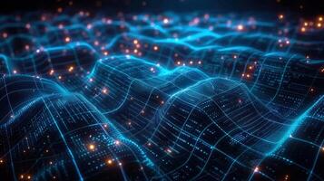 A stunning visualization of a digital network with glowing data points in a wavy structure. photo