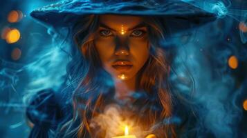 A captivating portrait of a mystical witch with candle and alluring blue smoke. photo