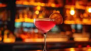 A pink cocktail with an orange slice garnish, in a martini glass, at a stylish bar setting. photo