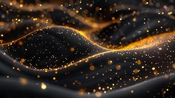 Mesmerizing abstract artwork featuring flowing black fabric and golden shimmering particles. photo