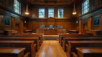 A spacious, well-lit courtroom with rich wood paneling, ready for a trial to begin. photo