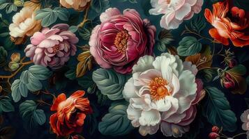 A stunning and intricate floral pattern showcasing a variety of colorful rose blooms and elegant green leaves. photo