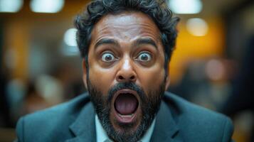 Portrait of a shocked man with his mouth open wide, clearly showing his strong surprise. photo