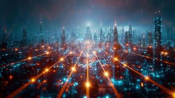 Abstract cityscape with glowing networks and buildings, symbolizing technology and future. photo