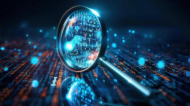 Magnifying glass illuminating a complex digital data pattern, perfect for tech themes. photo