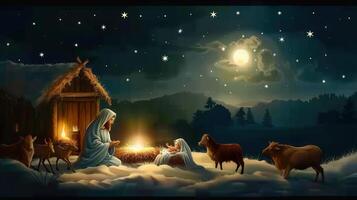 Beautiful Christmas Nativity scene with baby Jesus in a manger, under starry night. photo