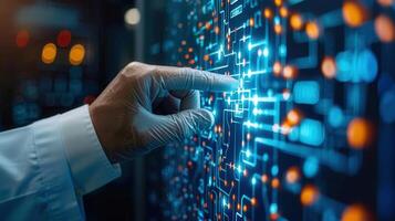 A scientist's hand pointing at a digital circuit board, symbolizing technological advancement. photo