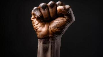 A powerful black fist clenched upward, symbolizing unity, resistance, and the fight for justice. photo