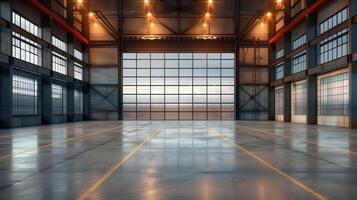 An empty industrial warehouse interior with a large door, showcasing space and design. photo