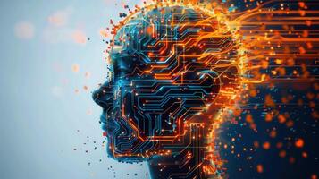 An artistic portrayal of a human head, intricately integrated with circuit board patterns. photo
