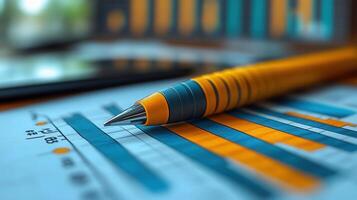 A yellow pen lying on a financial chart, illustrating business analysis and data. photo