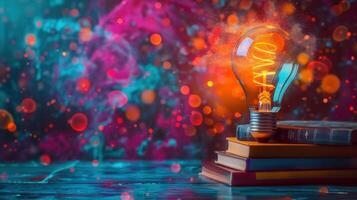 An illuminated lightbulb rests on books, symbolizing inspiration, ideas, and the power of knowledge. photo