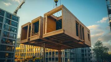 A crane lifts prefabricated wooden modules during the construction of a modern building. photo