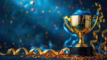 A gleaming gold trophy adorned with a blue ribbon, celebrating a moment of victory and accomplishment. photo