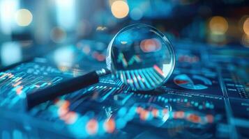 Magnifying glass over digital data charts, representing business analysis and market research. photo