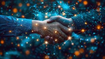 A handshake within a digital network, conveying teamwork and successful business relations. photo