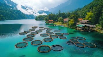 Vibrant turquoise lake surrounded by mountains and green trees, peaceful and idyllic. photo